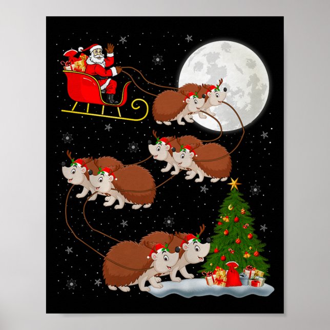 Hedgehog Santa Sleigh Flying Funny Magical Christm Poster (Framsidan)
