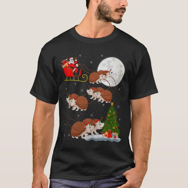 Hedgehog Santa Sleigh Flying Funny Magical Christm T Shirt (Framsida)