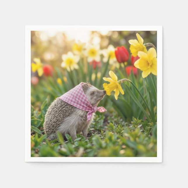 Hedgehog Sniffing a Yellow Daffodil Pappersservett (Framsidan)