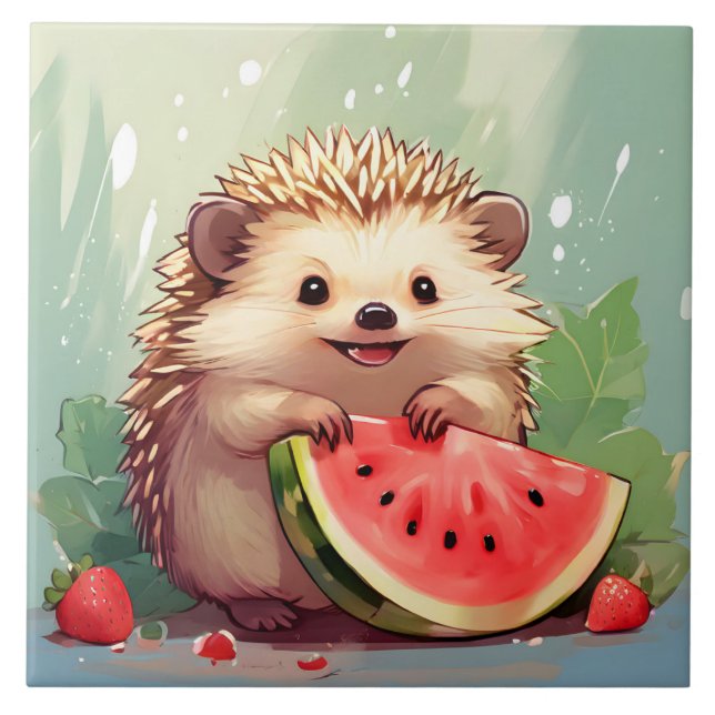 Hedgehog som njuter av biet i vattenmelon kakelplatta (Framsidan)