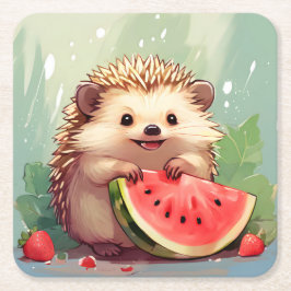 Hedgehog som njuter av biet i vattenmelon underlägg papper kvadrat