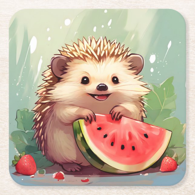 Hedgehog som njuter av biet i vattenmelon underlägg papper kvadrat (Framsidan)
