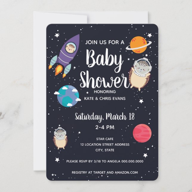 Hedgehog Space Navy Galaxy Baby Shower Inbjudningar (Framsida)