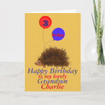 Hedgehog tecknad Birthday Grandson add namn age Kort<br><div class="desc">Barnfödelsedagskort,  ändra namn och ålder på framsidan,  ändra relationen om det behövs och lägg till eventuella extra-meddelanden och namn inuti. En söt tecknad med ett leende,  stort öga och ballonger med åldern. För farmor.</div>