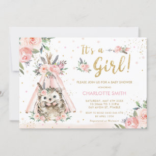 Hedgehog Tribal Blommigt Girl Baby Shower Inbjudningar