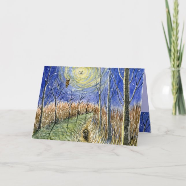 Hedgehog, Uggla, Måne och Stars Watercolor Kort (Framsida)