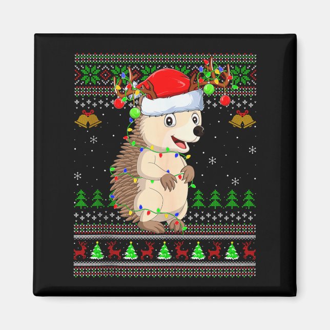 Hedgehog Ugly Christmas Sweaters Holiday Santa Cut Magnet (Framsidan)