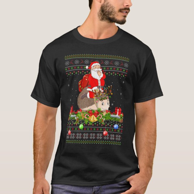 Hedgehog   Ugly Santa Riding Hedgehog Christmas T Shirt (Framsida)