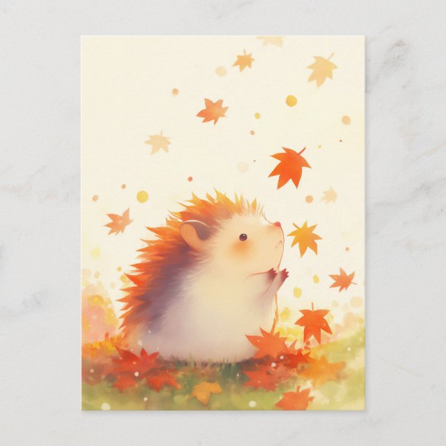 Hedgehog Watching Falling Autumn Maple Leaf Vykort (Framsida)
