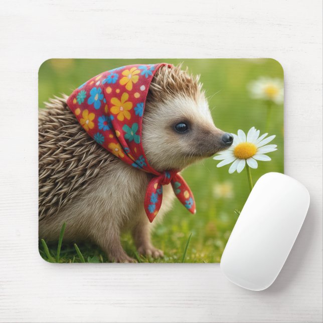 Hedgehog Wearing a Headscarf Sniffing a Daisy Musmatta (Med mus)