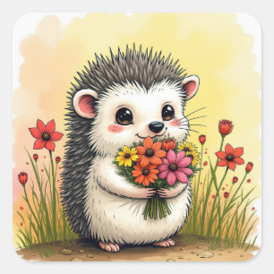 Hedgehog with Flower Bouquet Fyrkantigt Klistermärke