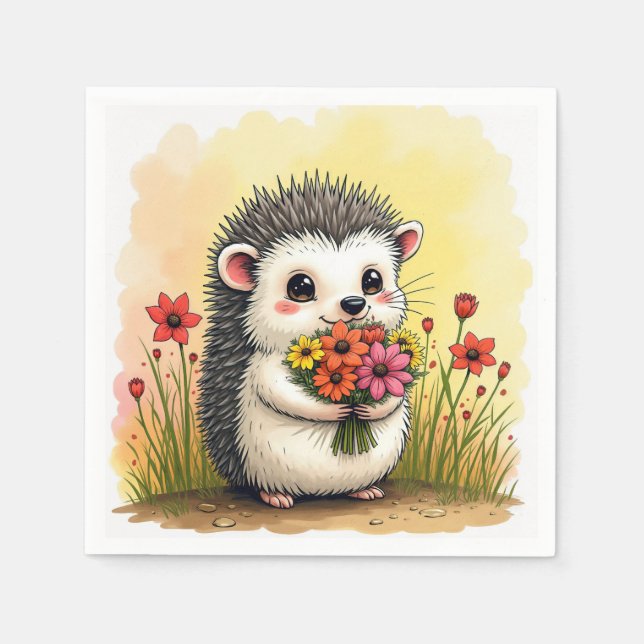 Hedgehog with Flower Bouquet Pappersservett (Framsidan)