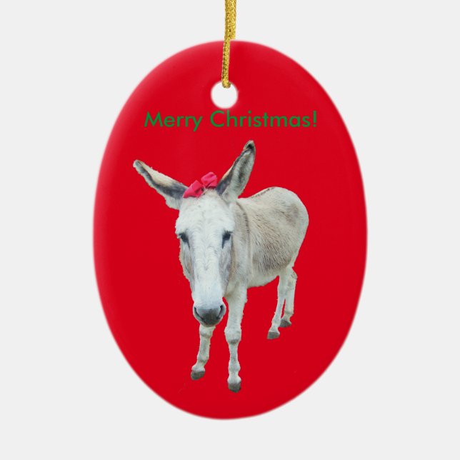 Hedra åsnan med en röd pilbåge julgransprydnad keramik (Framsidan)