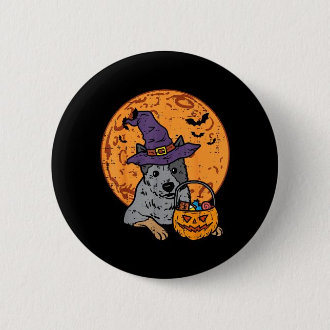 Heeler Häxhatt Måne Jack O Lantern Halloween Knapp (Framsida)
