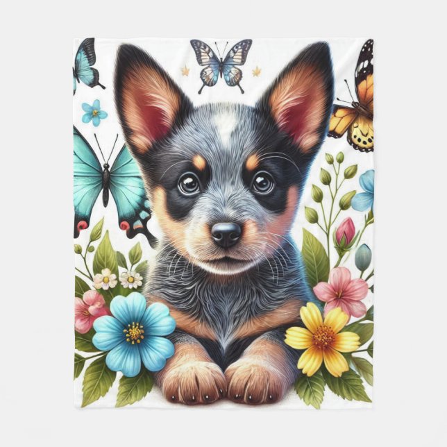 Heeler Puppy med Butterflies och Flowers Fleecefilt (Framsidan)
