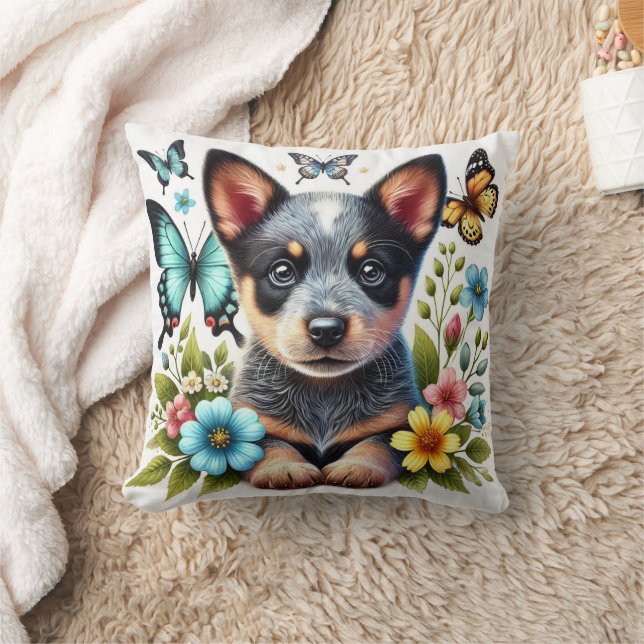 Heeler Puppy med Butterflies och Flowers Kudde (Filt)