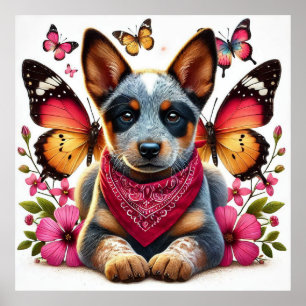 Heeler Puppy, omgiven av Butterflies och Flowers Poster