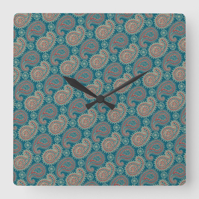Heffalumps Red Blue Beige Paisley Wall Clock Fyrkantig Klocka (Framsida)