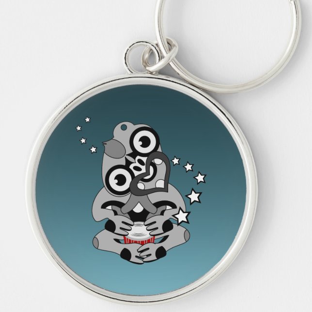 Hei Tiki New Zealand Drum Maori design Rund Silverfärgad Nyckelring (Framsidan)
