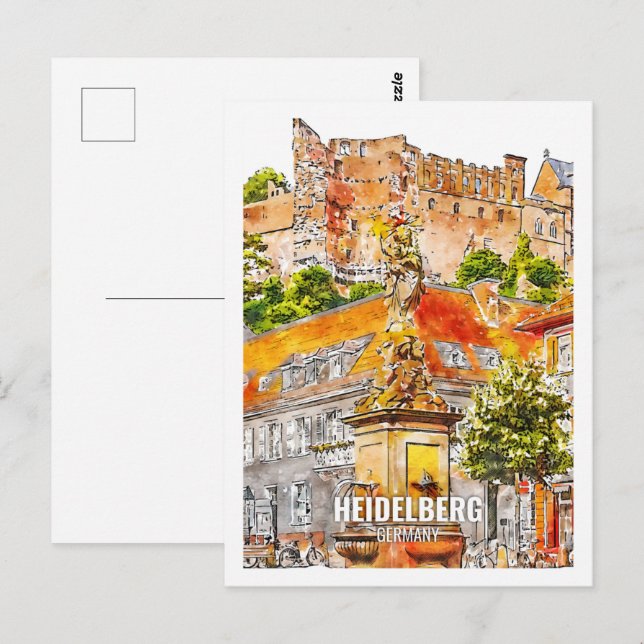 Heidelberg Tyskland Berömd Travel Ställe Watercolo Vykort (Fram/baksida)