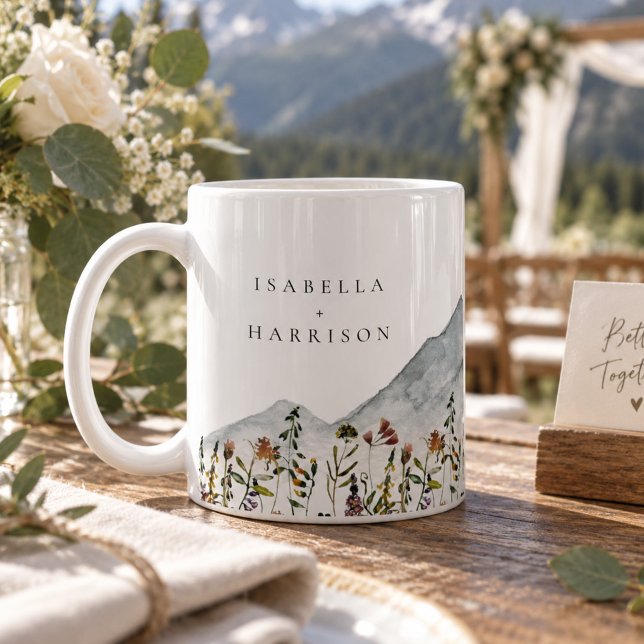 HEIDI Akvarell Vildblomma Berg Bröllopspresent Kaffemugg (Mountain and Wildflower Wedding Bride and Groom Coffee Mug )