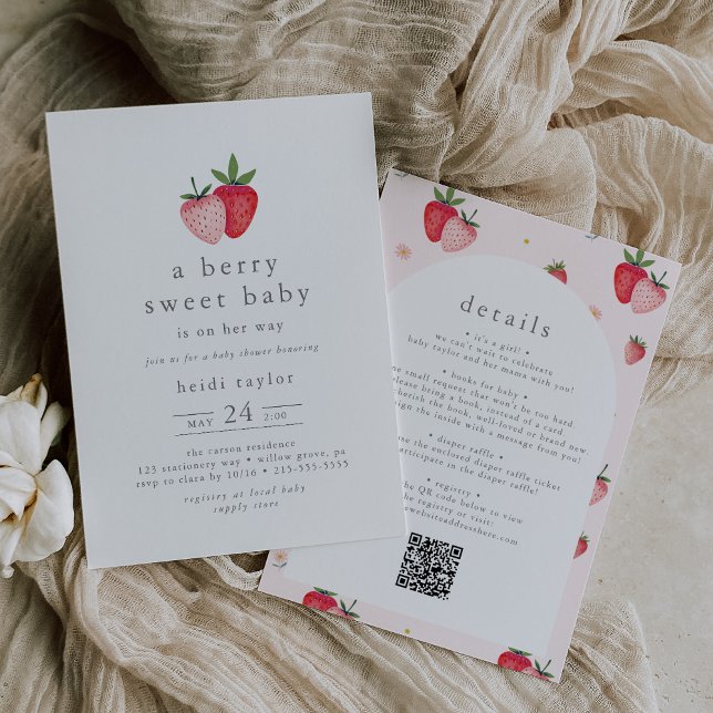 HEIDI QR Berry Sweet Strawberry Girl Baby Shower Inbjudningar (HEIDI QR Berry Sweet Strawberry Girl Baby Shower Invitation)