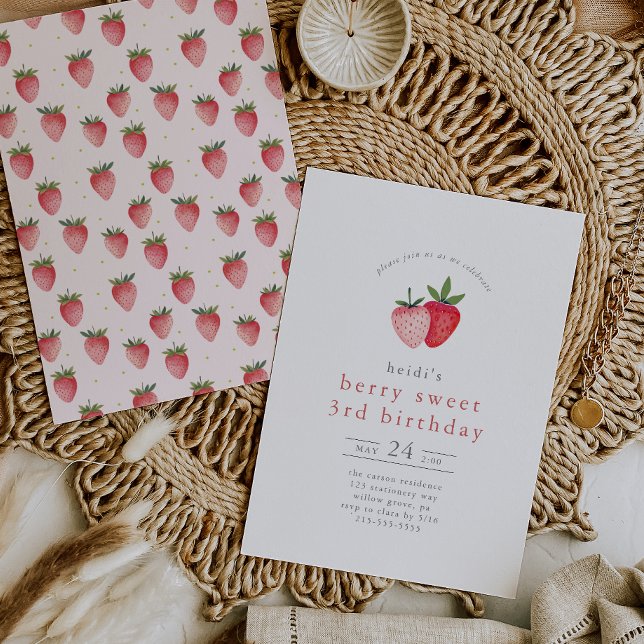 HEIDI-sommarjordgubbsberry Berry Sweet 3th Birthda Inbjudningar (HEIDI Summer Strawberry Berry Sweet 3rd Birthday Invitation)