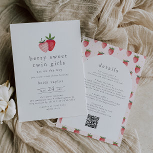 HEIDI Strawberry Berry Sweet Twin Girl Baby Shower Inbjudningar
