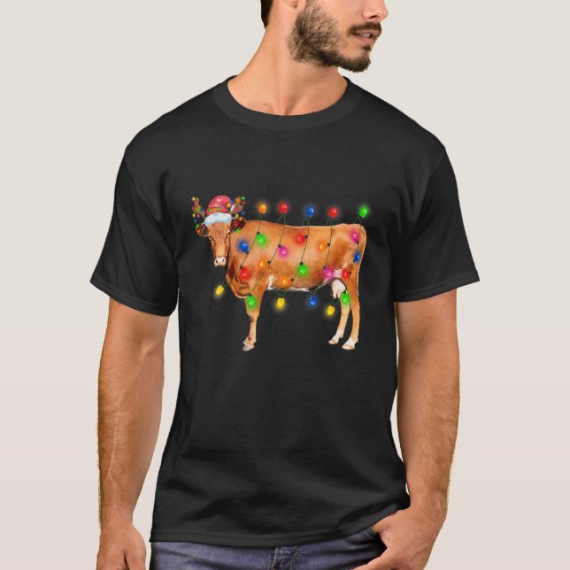 Heifer Cow jul Ljus Funny Santa Hat Merry T Shirt (Framsida)
