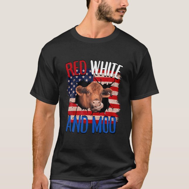 Heifer Red White Moo Highland Cow 4 juli Indepen T Shirt (Framsida)