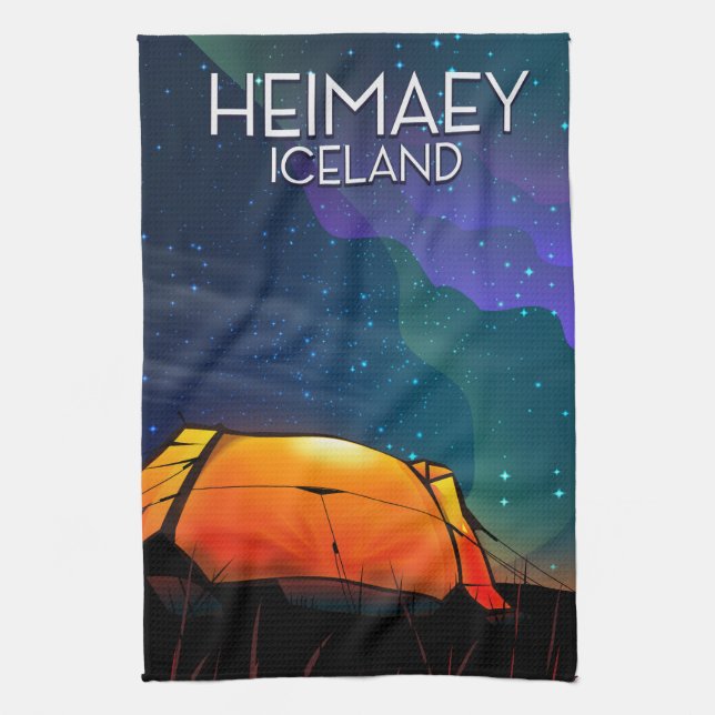 Heimaey, Island, camping semester affisch. Kökshandduk (Vertikal)