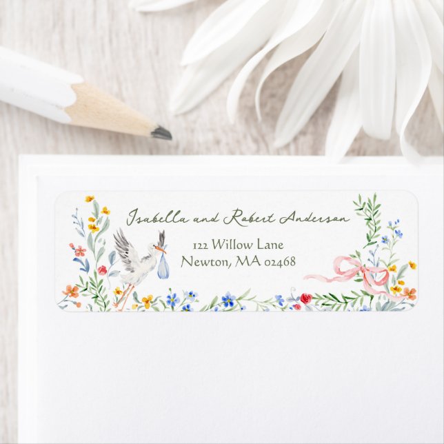 Heirloom Rose Ribbon and Stork Baby Shower Returadress Etikett (Insitu)