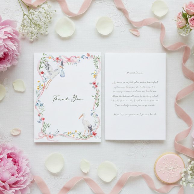 Heirloom Rose Ribbon and Stork Hostess Tack Kort (Skapare uppladdad)