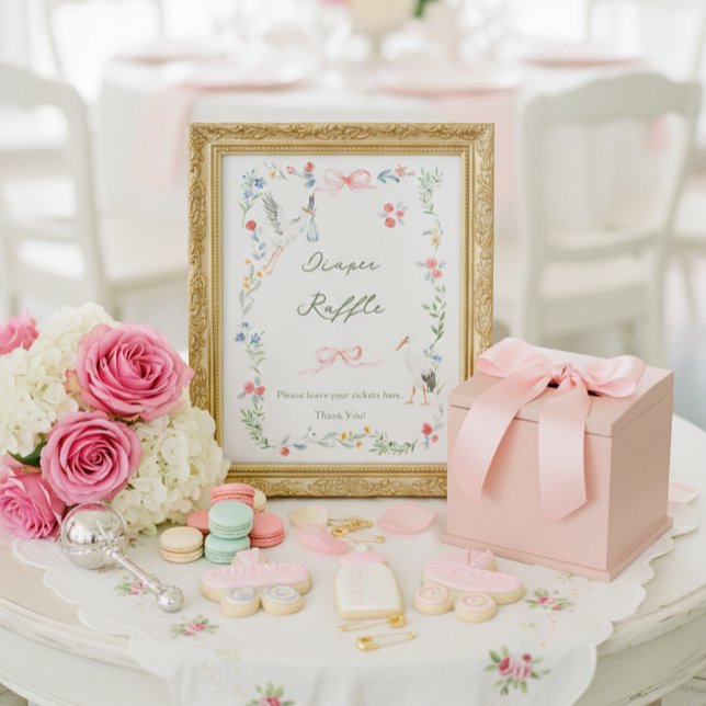 Heirloom Rose & Ribbon Stork Diaper Raffle Poster (Skapare uppladdad)
