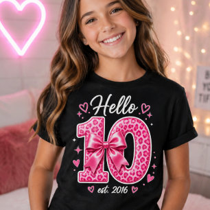 Hej 10-års födelsedag Rosa Leopardbåge Födelsedag T Shirt