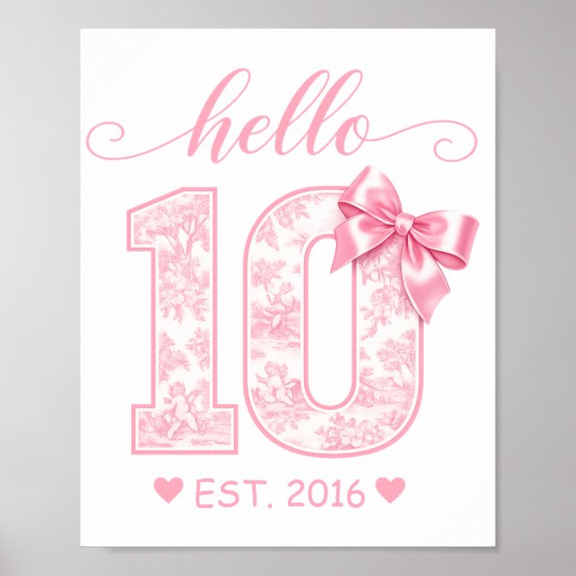 Hej 10-årsdag | Rosa Hej 10 Anpassat År Poster (Framsidan)