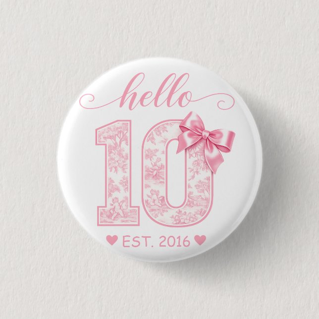 Hej 10-årsfest | Rosa Hej 10 Anpassat År Knapp (Framsida)