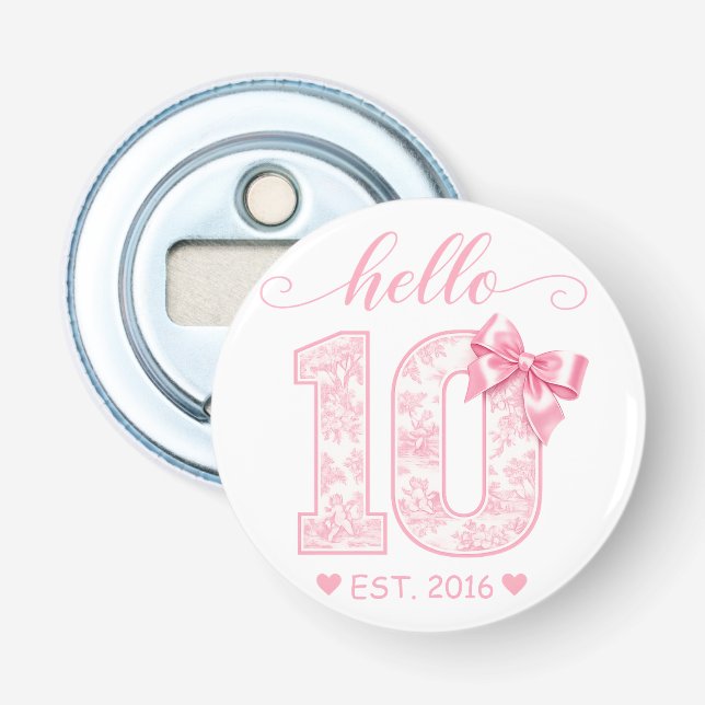 Hej 10 Födelsedag | Rosa Hej 10 Anpassat År Flasköppnare (Framsidan)