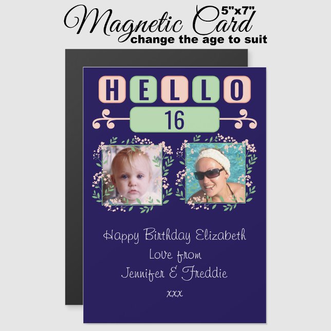 Hej 16 födelsedag 2 fotoblått magnetiskt kort (Skapare uppladdad)