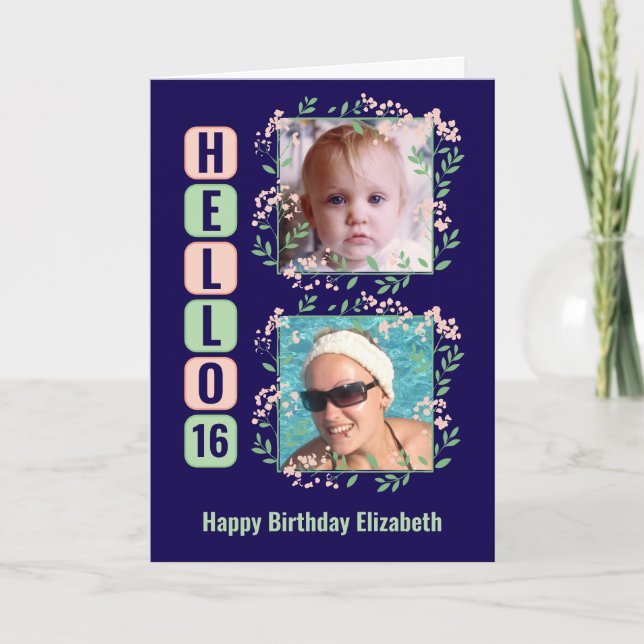 Hej 16 födelsedag namn 2 fotoblommor blått kort (Framsida)