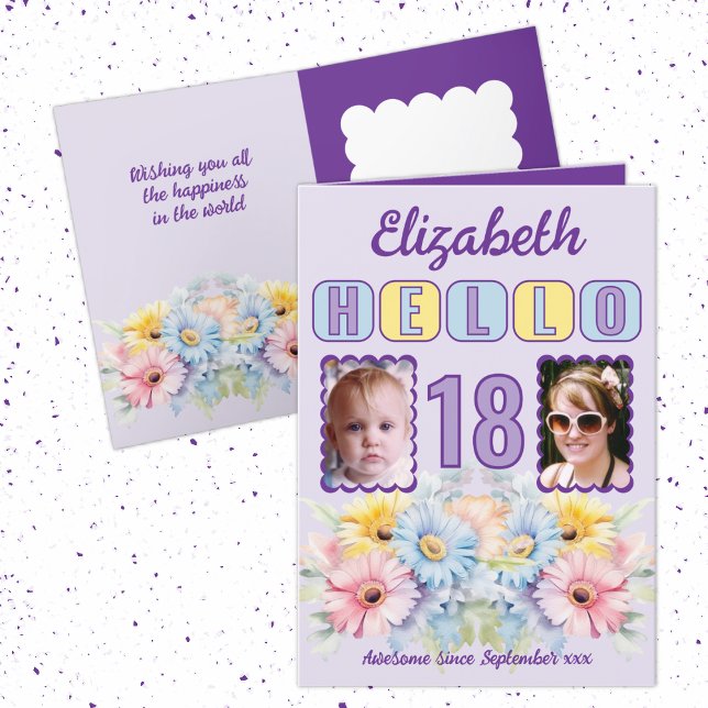 Hej 18-årsdag namn 2-lila för fotoblommigt kort (Skapare uppladdad)