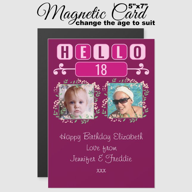 Hej 18 födelsedag 2-foto-rosa-magnetiskt kort (Skapare uppladdad)