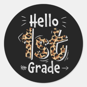 Hej 1:a klass leopardtryck tillbaka till skolan tj runt klistermärke