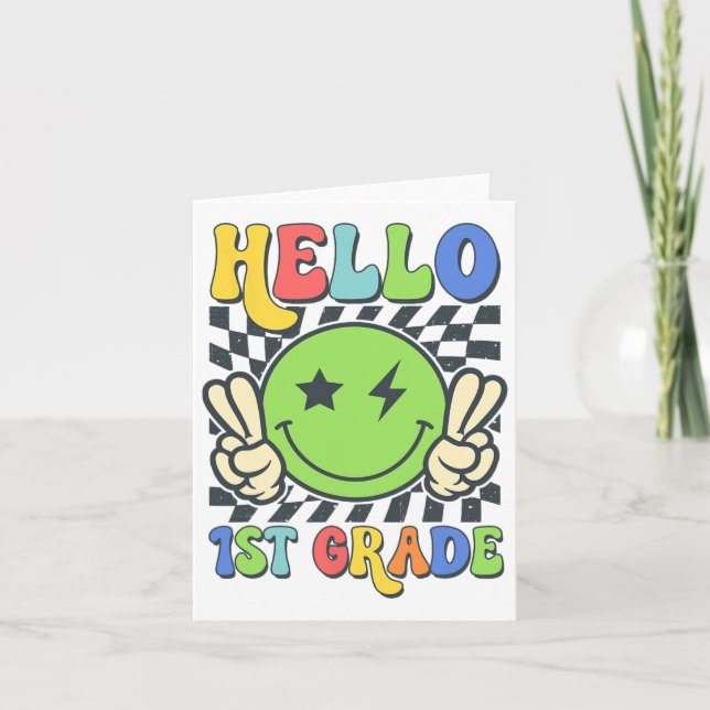 Hej 1:a Klass Vibes Groovy Smile Ansikte tillbaka  Kort (Framsida)
