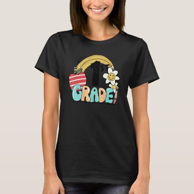 Hej 1:a klassens groovy regnbåge tillbaka till sko t shirt (Framsida)