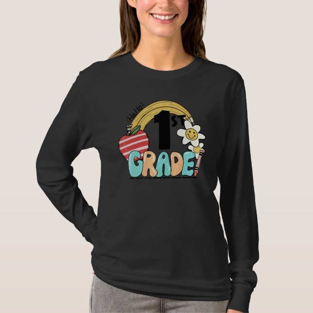 Hej 1:a klassens groovy regnbåge tillbaka till sko t shirt (Framsida)