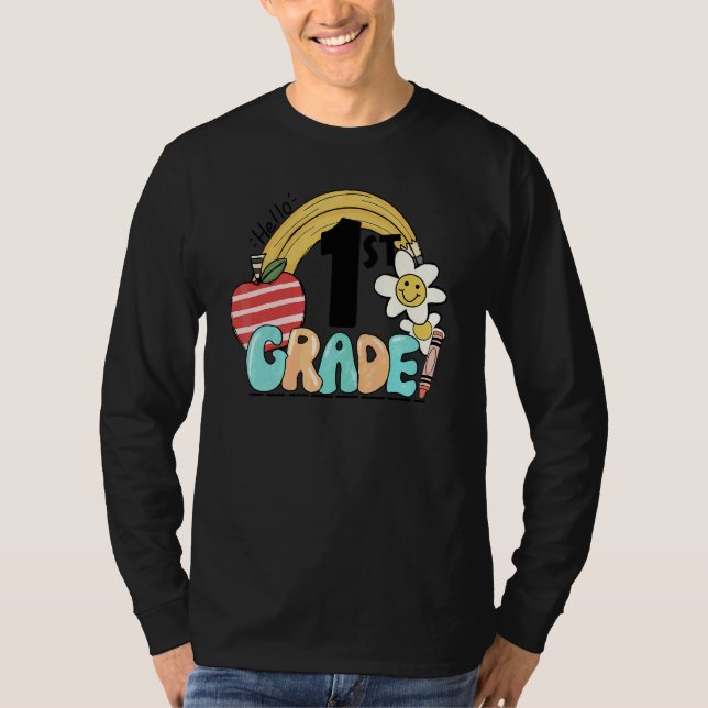 Hej 1:a klassens groovy regnbåge tillbaka till sko t shirt (Framsida)