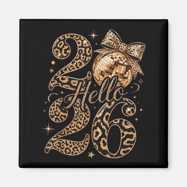 Hej 2026 Leopard Coquette Disco Ball Gott Nytt År Magnet (Framsidan)