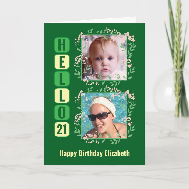 Hej 21-årsdag namn 2-fotoblommor grönt kort (Framsida)