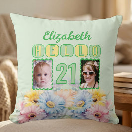 Hej 21 namn 2 foton gerbera blommor grön kudde